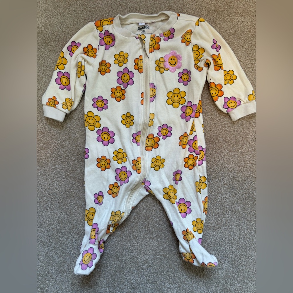 Pekkle Floral Smiley 3 Month One Piece Footie